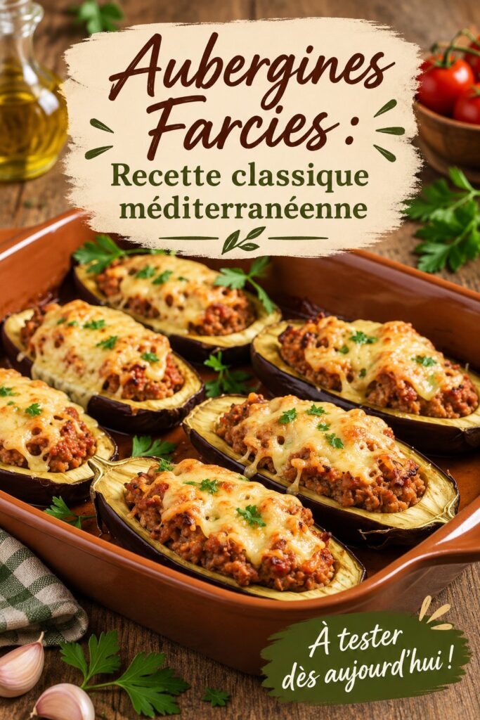 Texte sur une délicieuse assiette de berenjenas rellenas, plat méditerranéen.