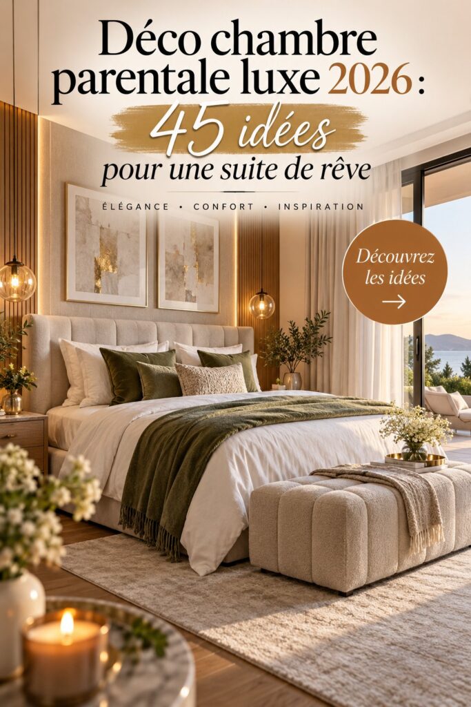 Chambre parentale décorée dans un style luxe et moderne, avec des éléments chaleureux et élégants.