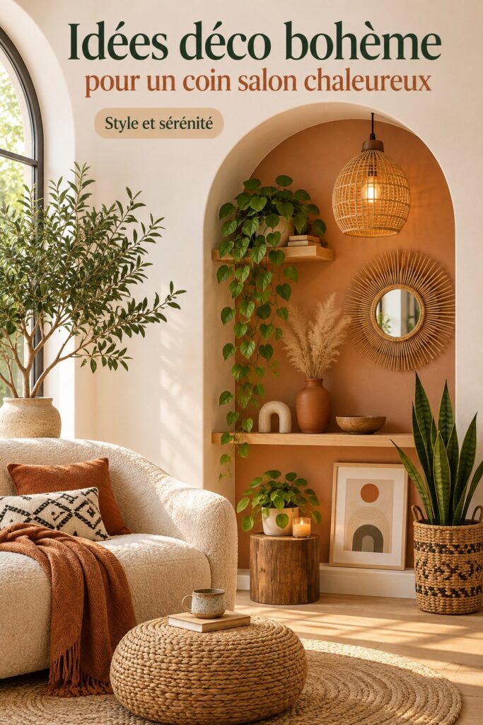 Décoration murale boho dans un salon cosy, avec des arches en bois.