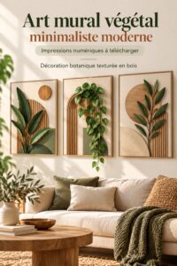 Décoration murale végétale moderne avec des impressions numériques minimalistes et un cadre en bois.