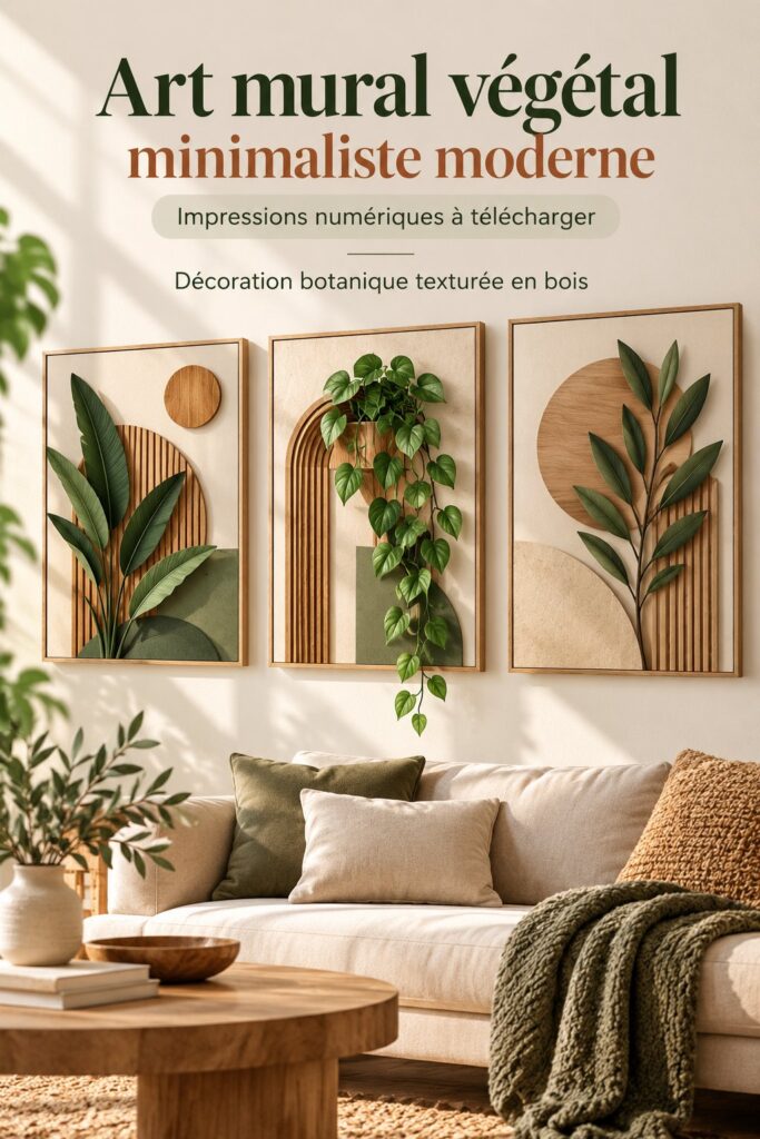 Décoration murale végétale moderne avec des impressions numériques minimalistes et un cadre en bois.