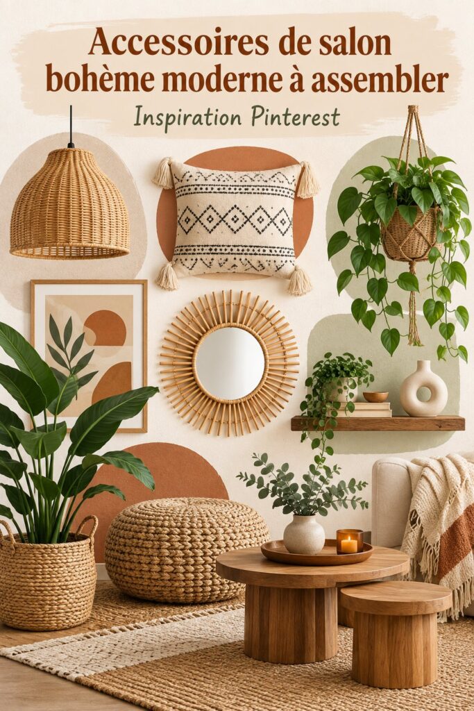 Salon décoré avec des accessoires bohèmes modernes apportant une ambiance chaleureuse.