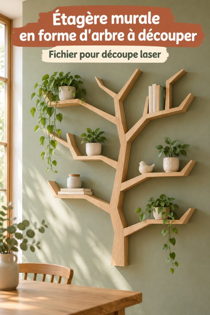 Etagère en forme d'arbre décorative avec des livres et objets stylisés.