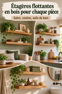 Étagères flottantes en bois dans un salon chaleureux