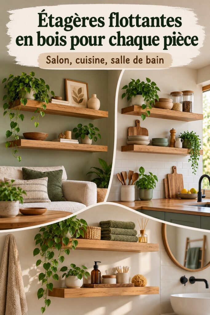 Étagères flottantes en bois dans un salon chaleureux