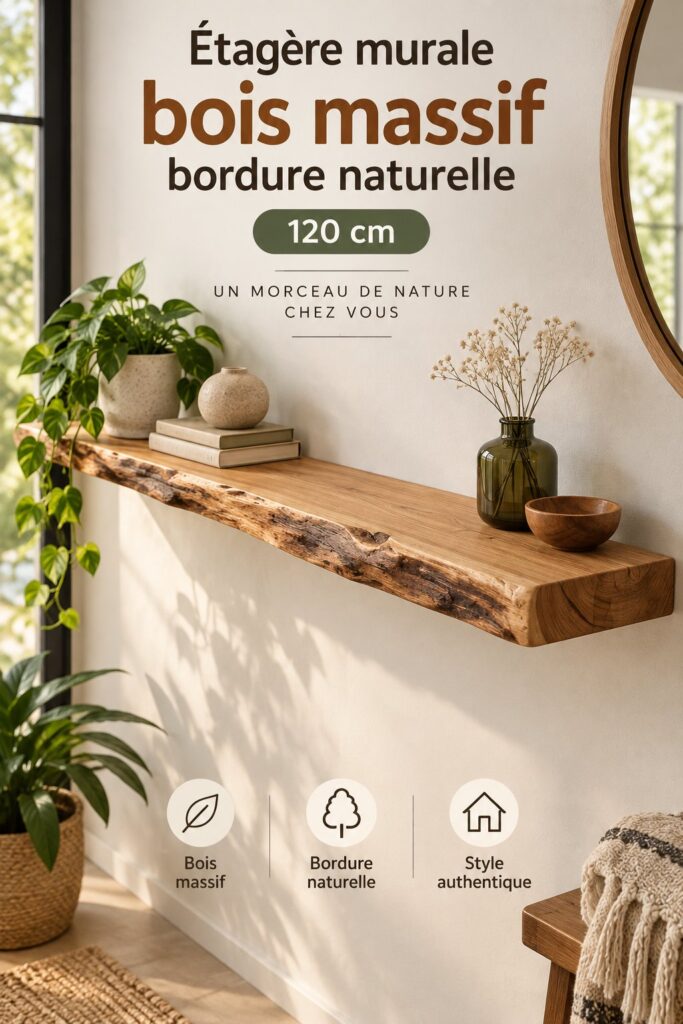 Étagère murale en bois massif de 120 cm, avec des objets décoratifs modernes.
