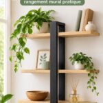 Étagère murale en bois dans un intérieur vintage, offrant une solution de rangement élégante.