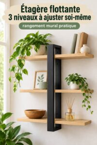 Étagère murale en bois dans un intérieur vintage, offrant une solution de rangement élégante.