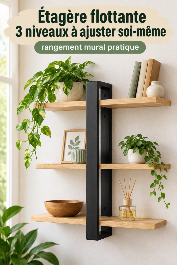 Étagère murale en bois dans un intérieur vintage, offrant une solution de rangement élégante.