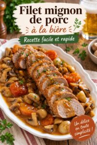 Un plat de filet de porc à la bière, prêt à être servi, avec une garniture colorée.