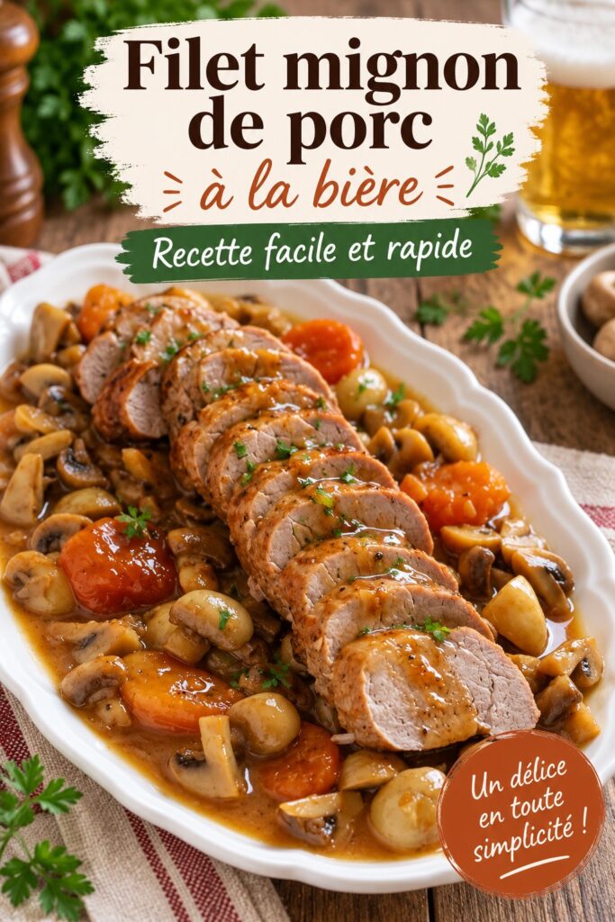 Un plat de filet de porc à la bière, prêt à être servi, avec une garniture colorée.