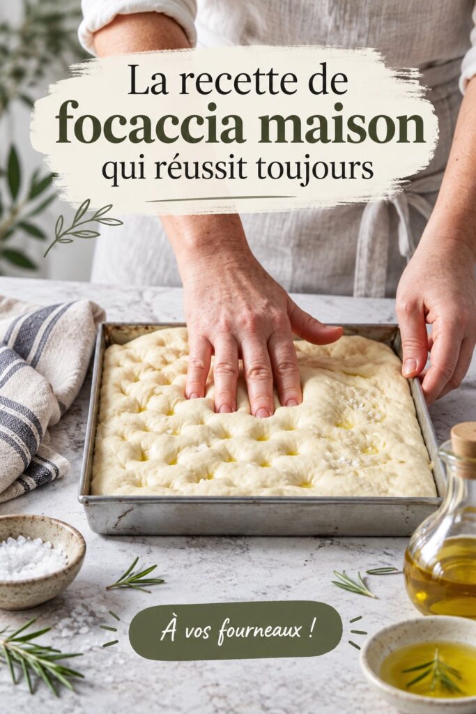 Focaccia maison dorée, servie sur une planche en bois.