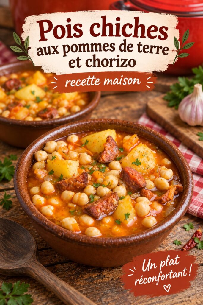 Plat de garbanzos aux patates et chorizo servi sur une table familiale