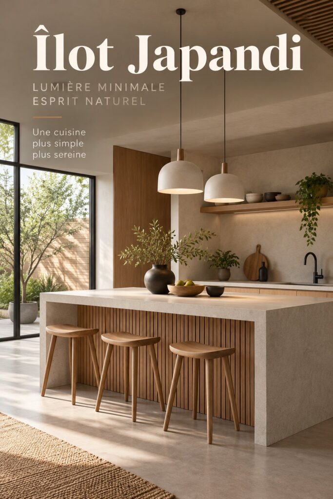 Îlot de cuisine japandi minimaliste avec éclairage pendu doux et matériaux naturels.
