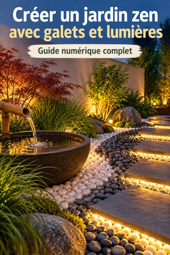 Un jardin zen moderne avec galets noirs et blancs et un éclairage LED doux, ambiance apaisante.
