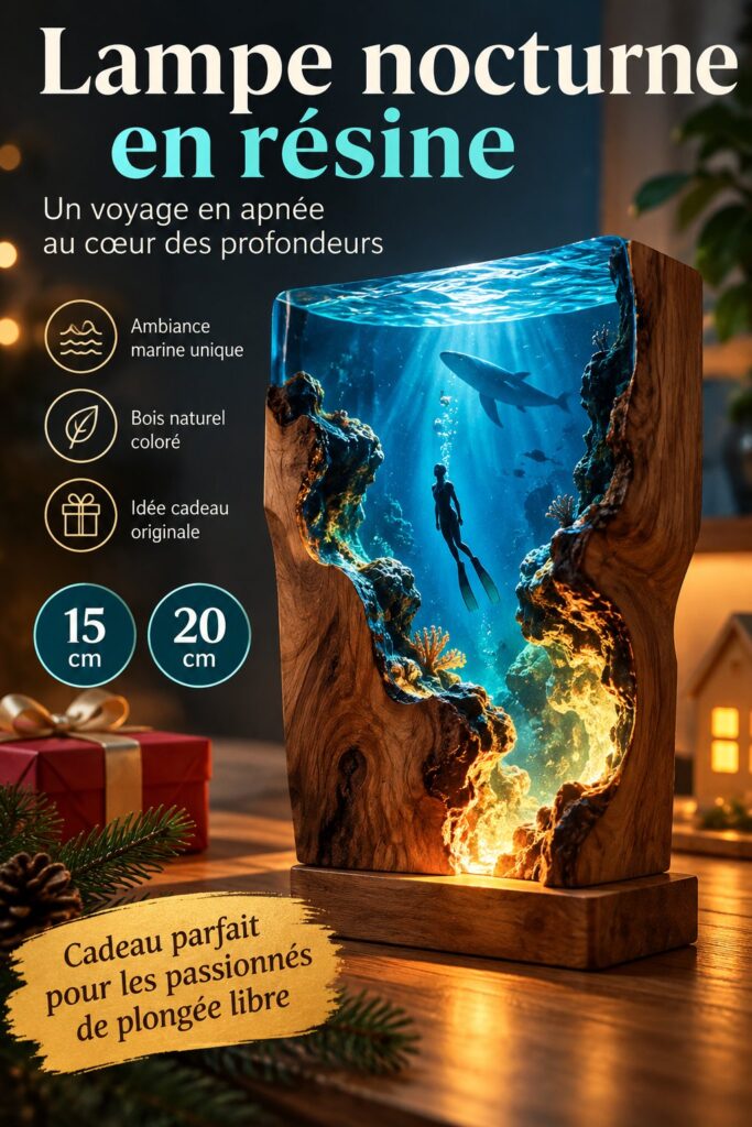 Lampe nocturne en résine sur une table avec une ambiance marine.