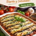 Une lasagne savoureuse aux aubergines présentée dans un plat en céramique, prête à être servie.