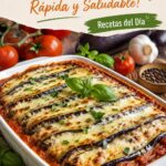 Une lasagne savoureuse aux aubergines présentée dans un plat en céramique, prête à être servie.