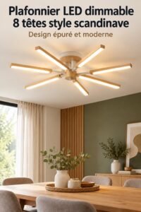 Lustre plafonnier LED nordique au design moderne et élégant, illuminant un salon.