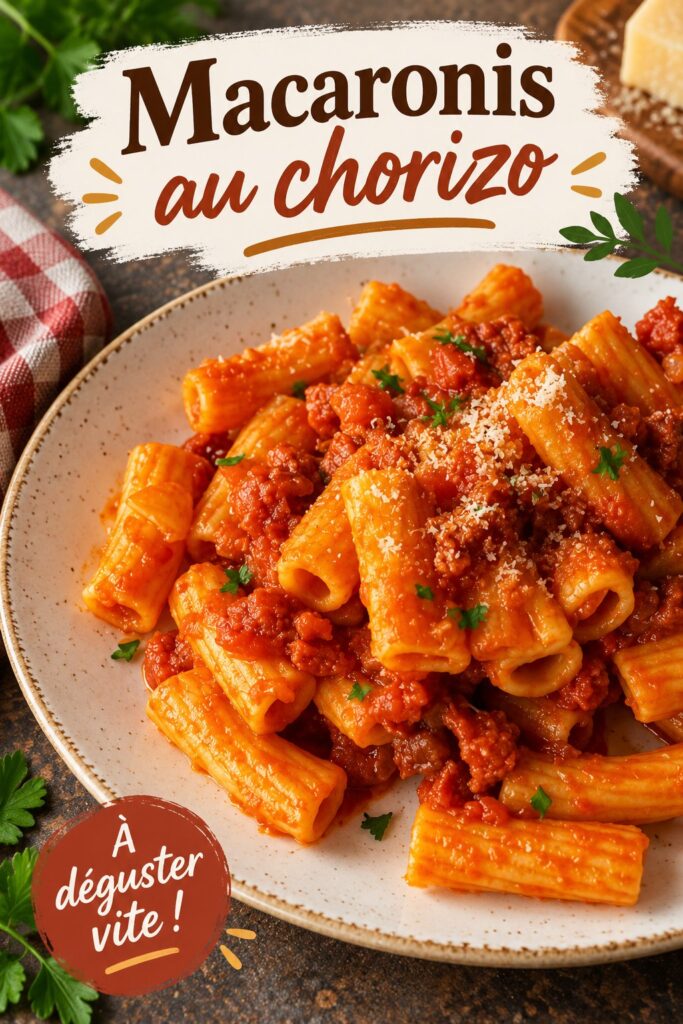 Plat de macarrones au chorizo sur table en bois, prêt à être dégusté.