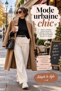 Une maman élégante portant une tenue de mode urbaine chic dans un cadre urbain.