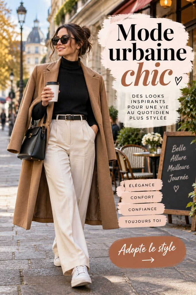 Une maman élégante portant une tenue de mode urbaine chic dans un cadre urbain.