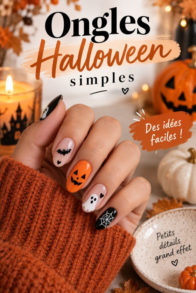 Ongles Halloween simples avec des motifs festifs.