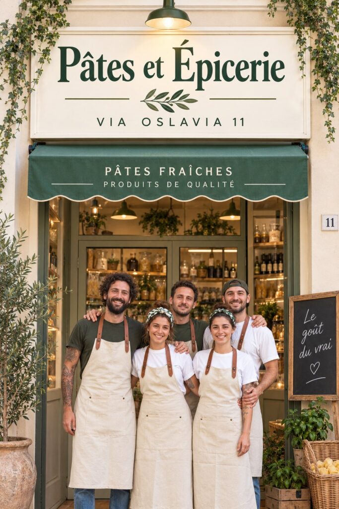 Une table joliment dressée avec des plats italiens typiques inspirés de Pasta e Bottega.