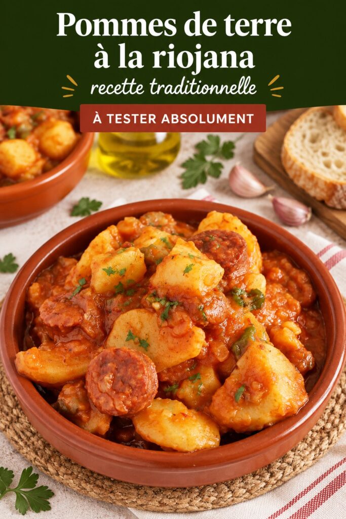 Plat traditionnel de patatas a la riojana servi dans un bol en terre cuite, décoré de persil frais.