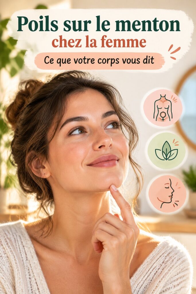 Une femme souriante touchant son menton, discutant des poils indésirables.