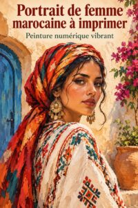 Portrait vibrant d'une femme marocaine en style culturel, prêt à être imprimé.