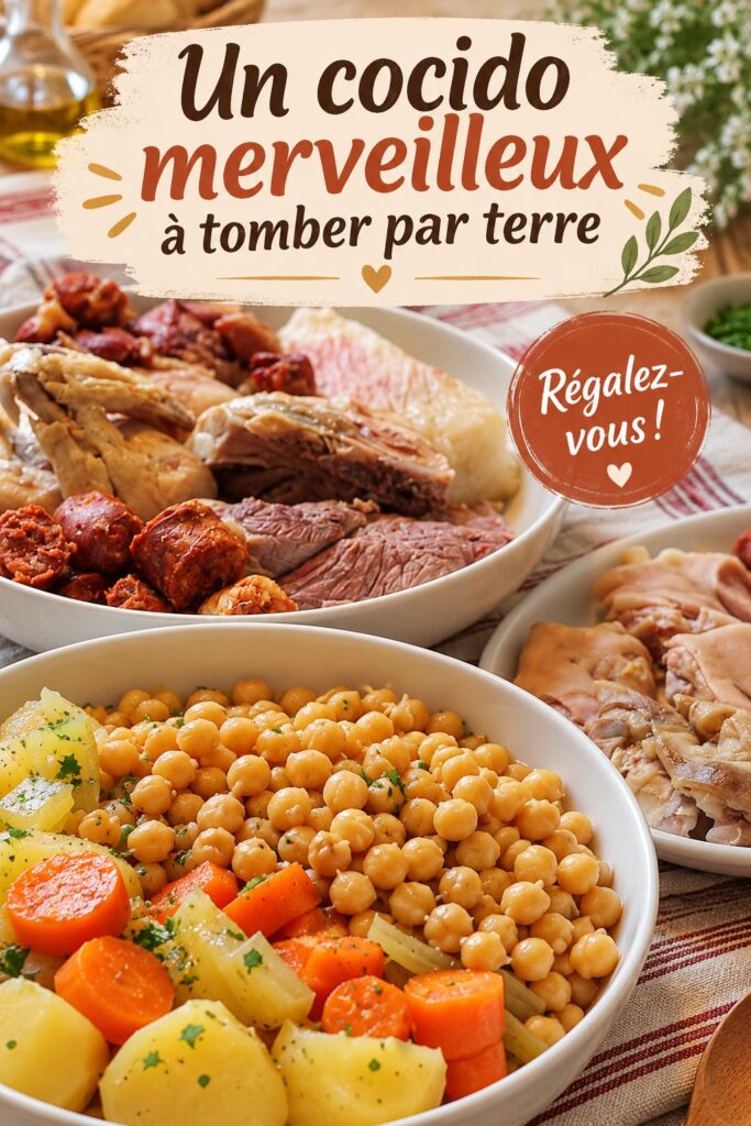 Un plat de cocido, mélange riche de viandes et légumes savoureux.