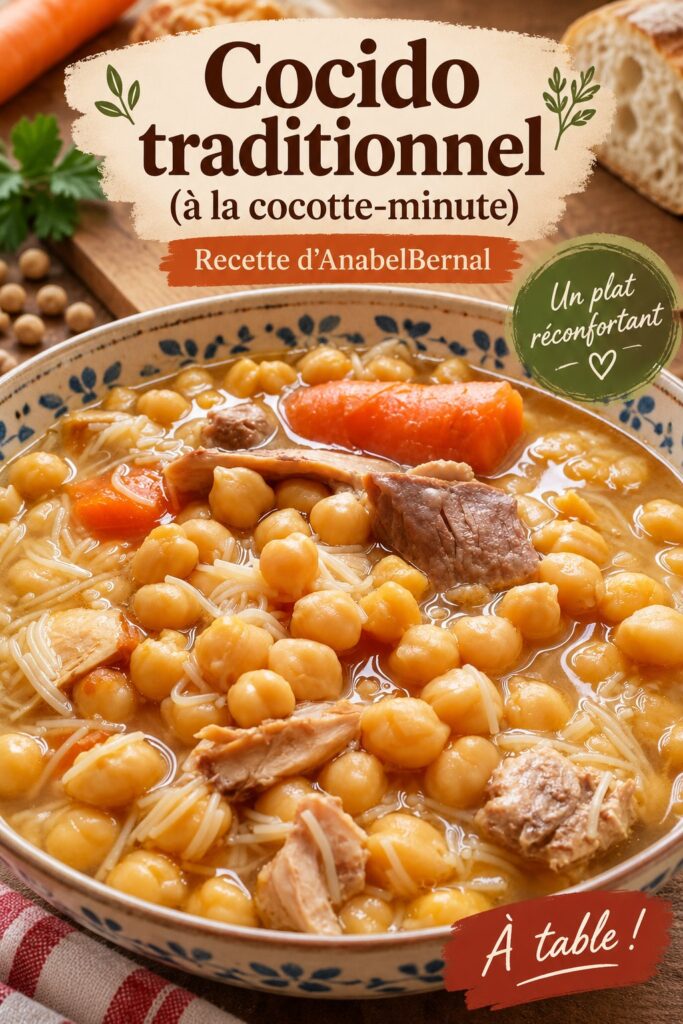 Cocido espagnol traditionnel dans un plat de service, enrichi de légumes et viandes variées.