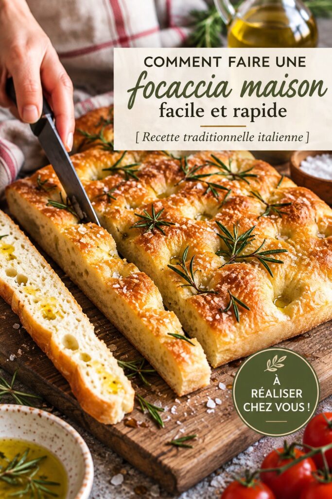 Focaccia maison dorée avec herbes sur une table en bois.