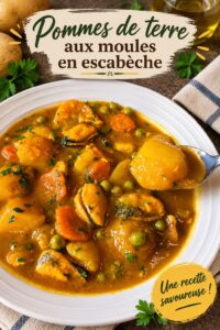 Patatas guisadas aux moules, présentées dans un plat familial.