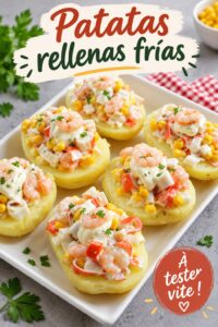 Assiette de patatas rellenas garnies de légumes colorés et d'une sauce savoureuse.