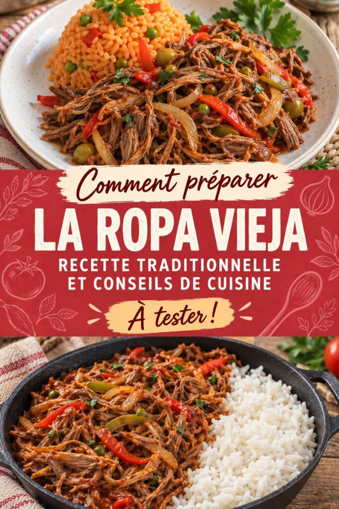 Plat de ropa vieja traditionnel servi avec des légumes et du riz.