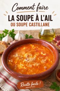 Bol de soupe d'ail maison servi avec du pain frais.