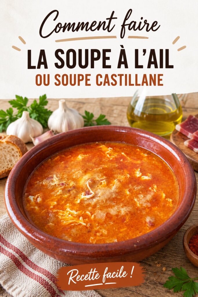 Bol de soupe d'ail maison servi avec du pain frais.