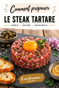 Un steak tartare parfaitement préparé, servi avec des accompagnements frais.