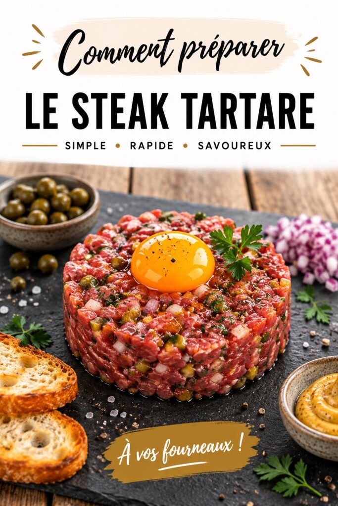 Un steak tartare parfaitement préparé, servi avec des accompagnements frais.