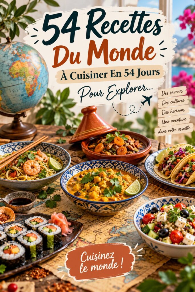 Plat coloré représentant diverses recettes du monde sur une table