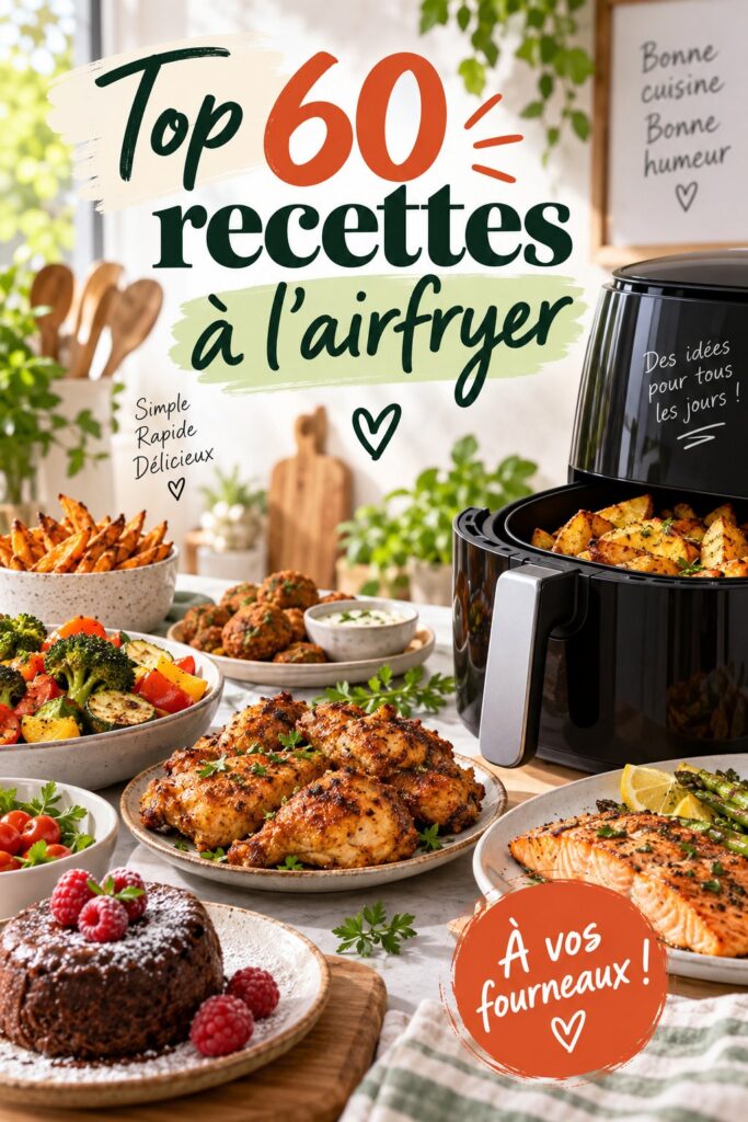 Une sélection de plats délicieux préparés avec un airfryer, démontrant la diversité des recettes possibles.