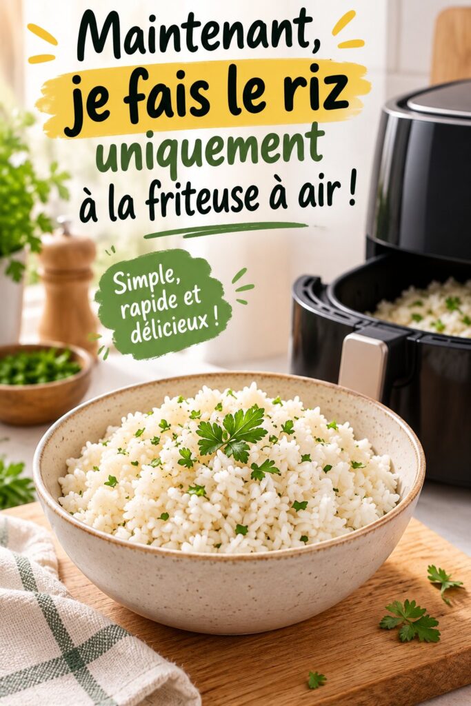Bol de riz parfaitement cuit avec une friteuse à air, prêt à être servi.
