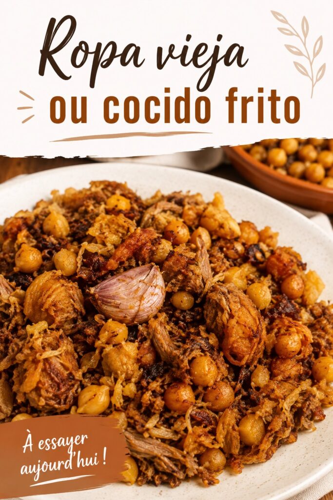 Un plat de Ropa Vieja garni d'herbes fraîches, illustrant la cuisine espagnole authentique.