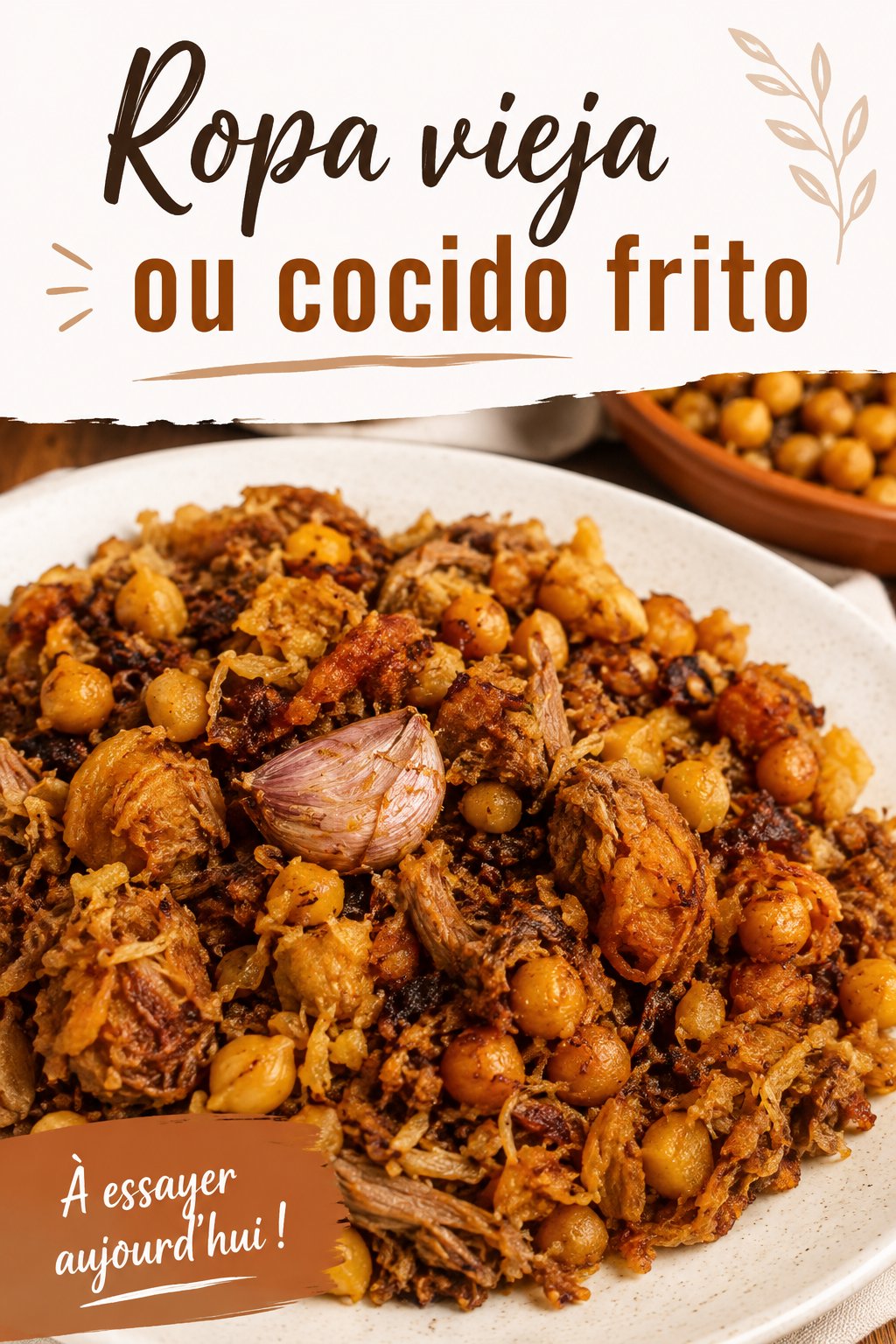 Un plat de Ropa Vieja garni d'herbes fraîches, illustrant la cuisine espagnole authentique.