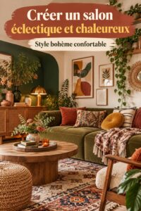 Un salon éclectique chaleureux avec des meubles vintage et des touches modernes.