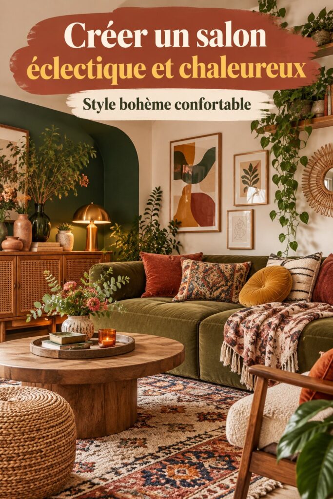 Un salon éclectique chaleureux avec des meubles vintage et des touches modernes.