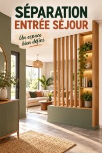 Séparation harmonieuse entre une entrée vintage et un séjour cosy.