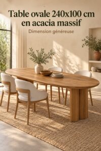 Table ovale en bois d'acacia dans une salle à manger chaleureuse